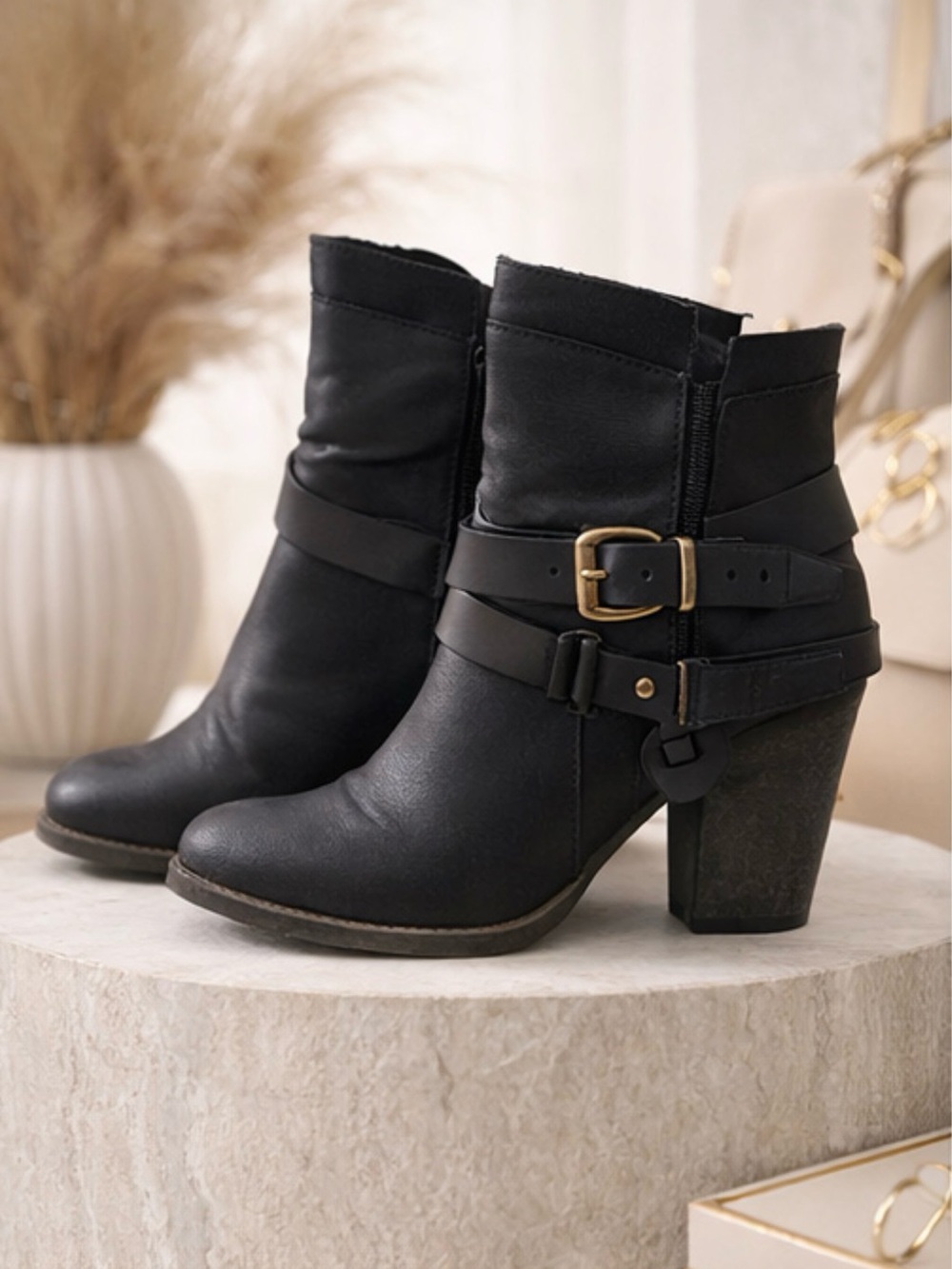 Women's Black Strappy Block Heel Ankle Booties
